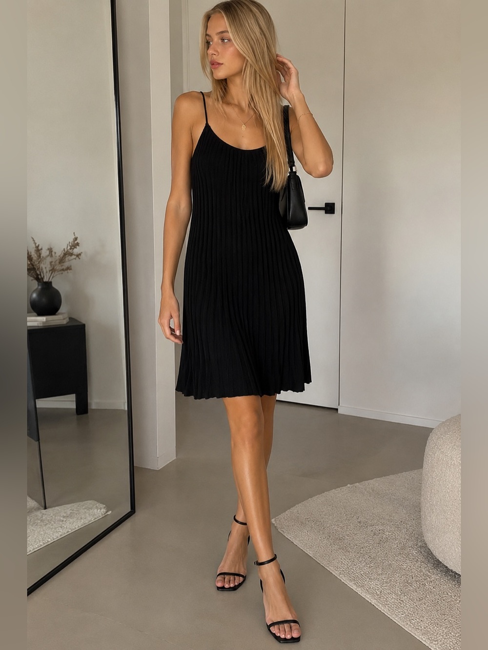 IPEKYOL Black Pleated Ribbed Knit Midi Dress – Spaghetti Strap Size 36